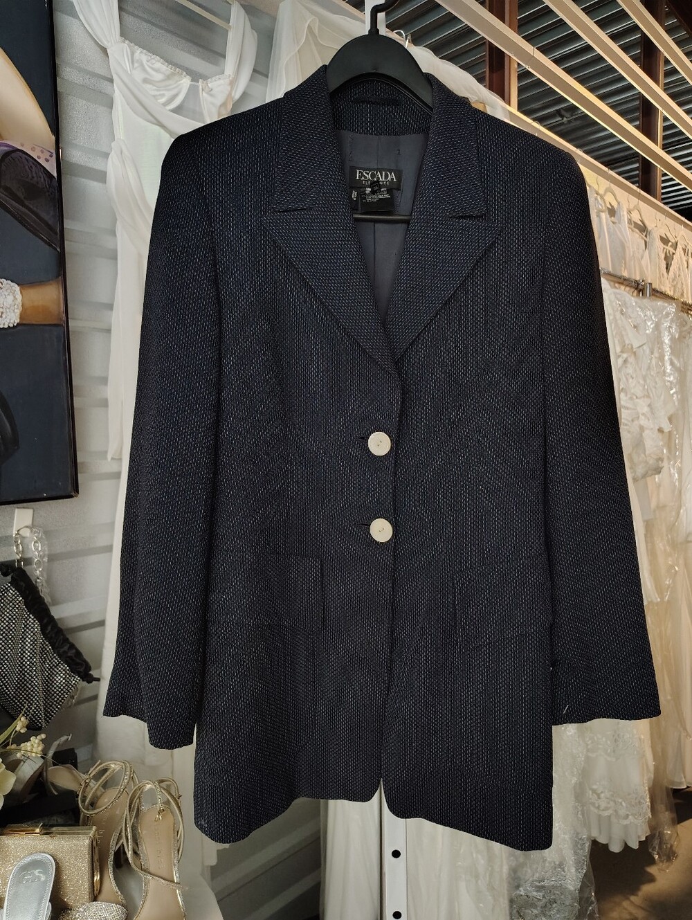 Vintage Textured Escada Wool Blend Blazer Navy Two Button Jacket Size 36 - Picture 3 of 8